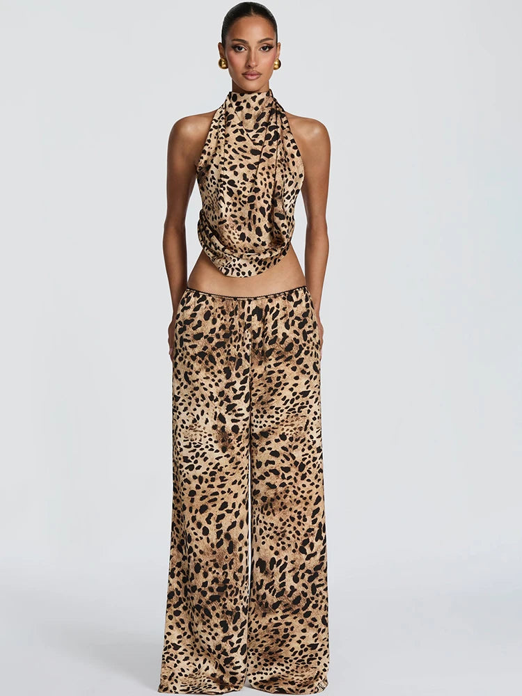 Leopard Halter Top & Wide-Leg Pants Set