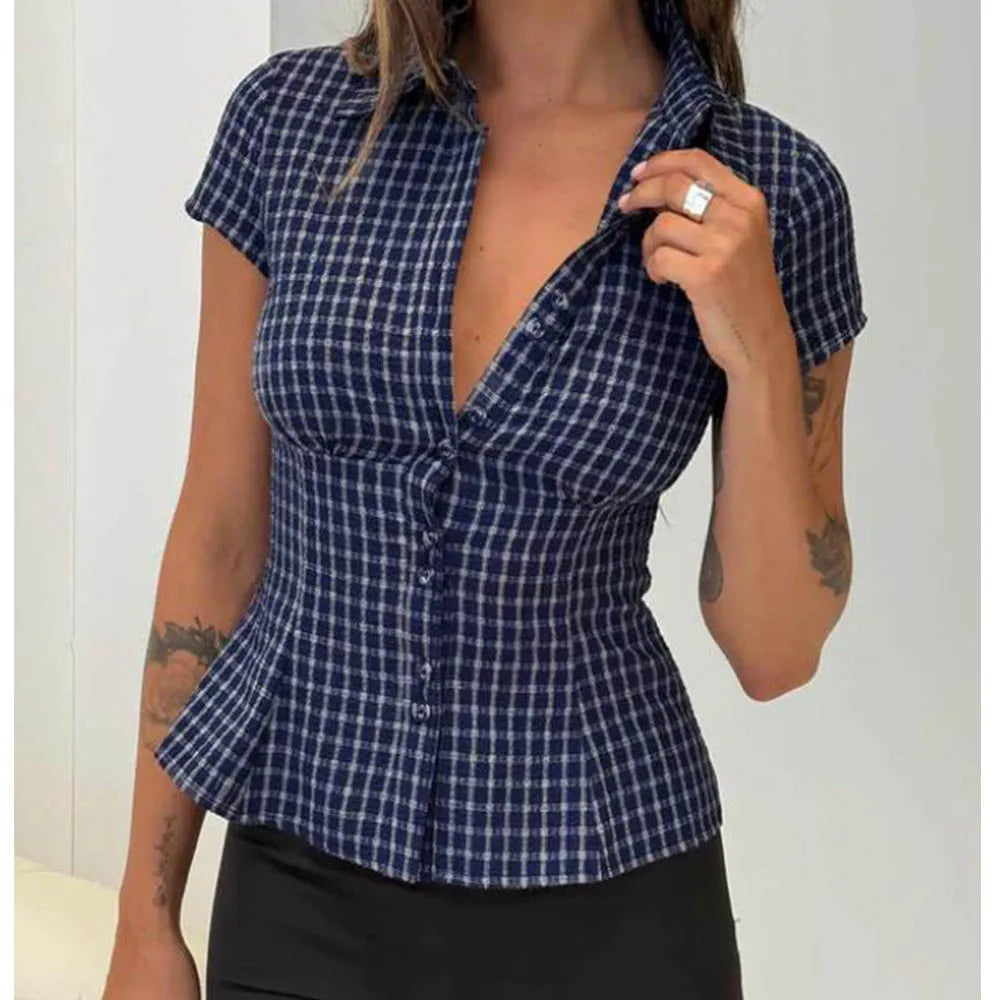 Button-Up Short-Sleeve Cropped Blouse