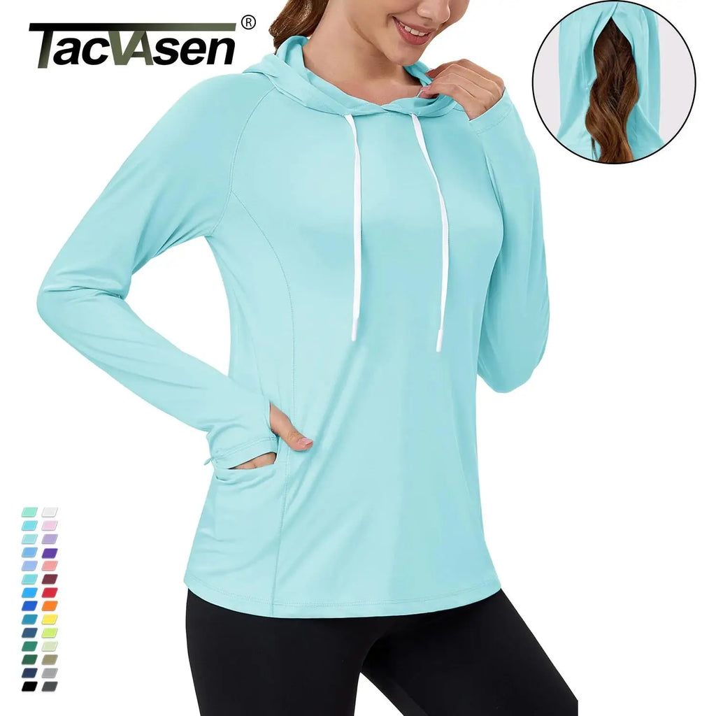 TACVASEN Women's UPF80+ Windproof Quick-Dry Hooded Long Sleeve Shirt with Raglan Thumbhole & Hidden Pocket Hair Port