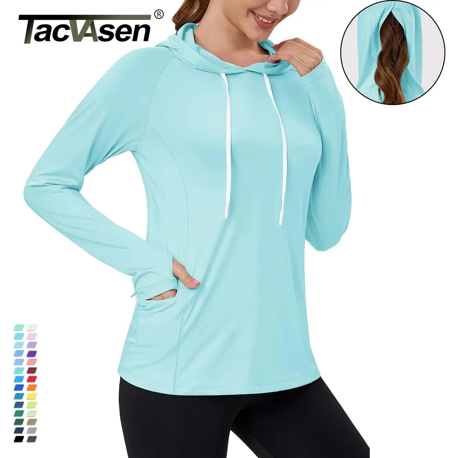 TACVASEN Women's UPF80+ Windproof Quick-Dry Hooded Long Sleeve Shirt with Raglan Thumbhole & Hidden Pocket Hair Port