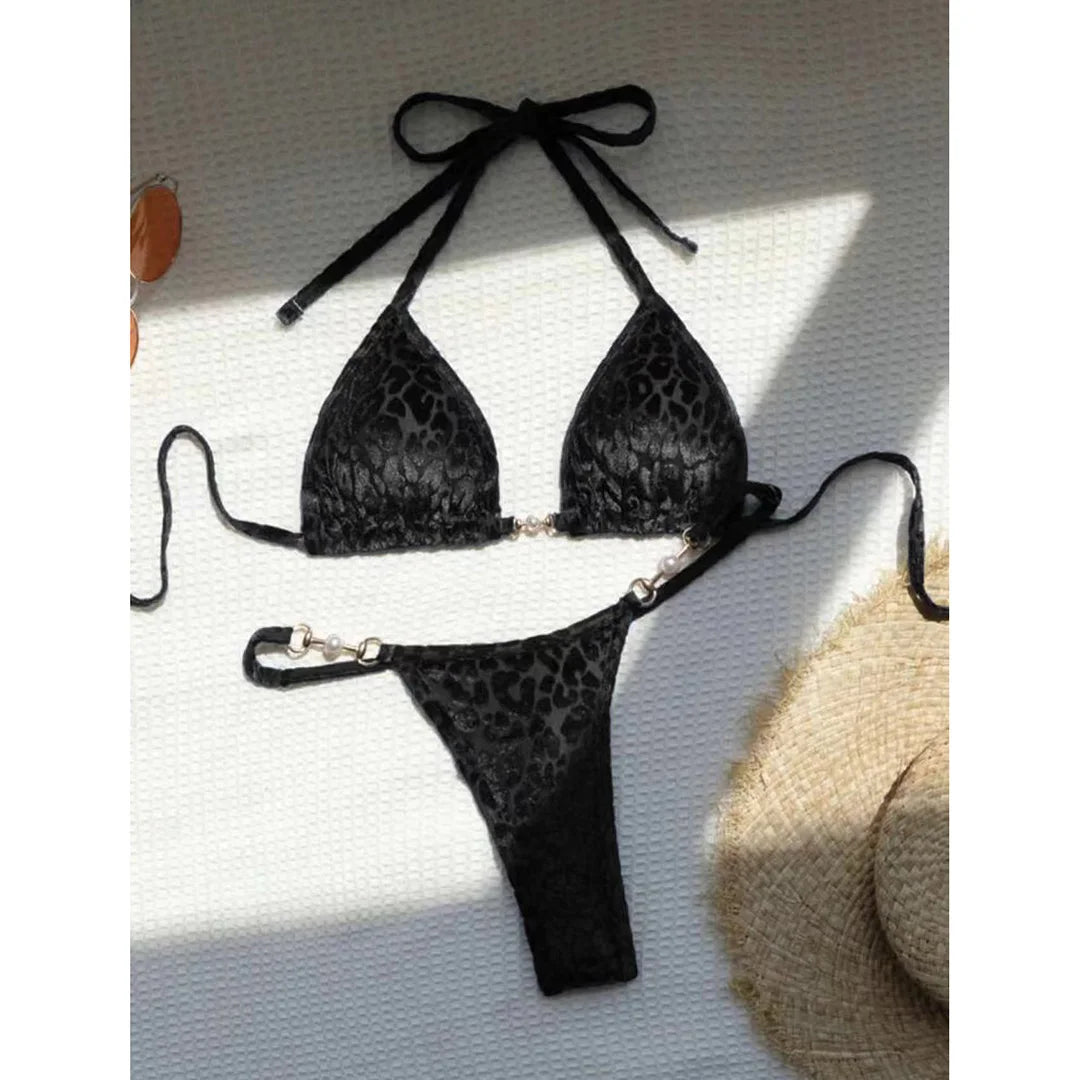 Leopard Pearl Thong Bikini