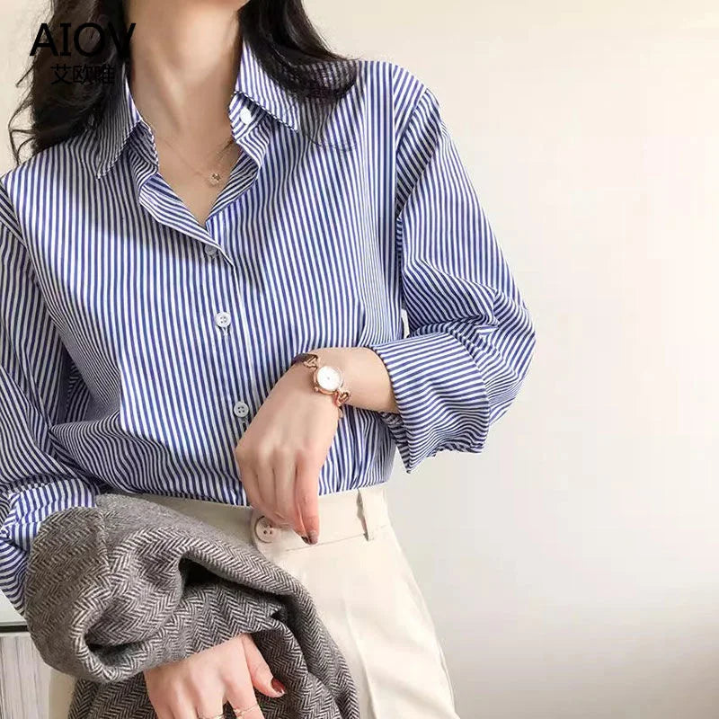 Striped Lantern-Sleeve Blouse