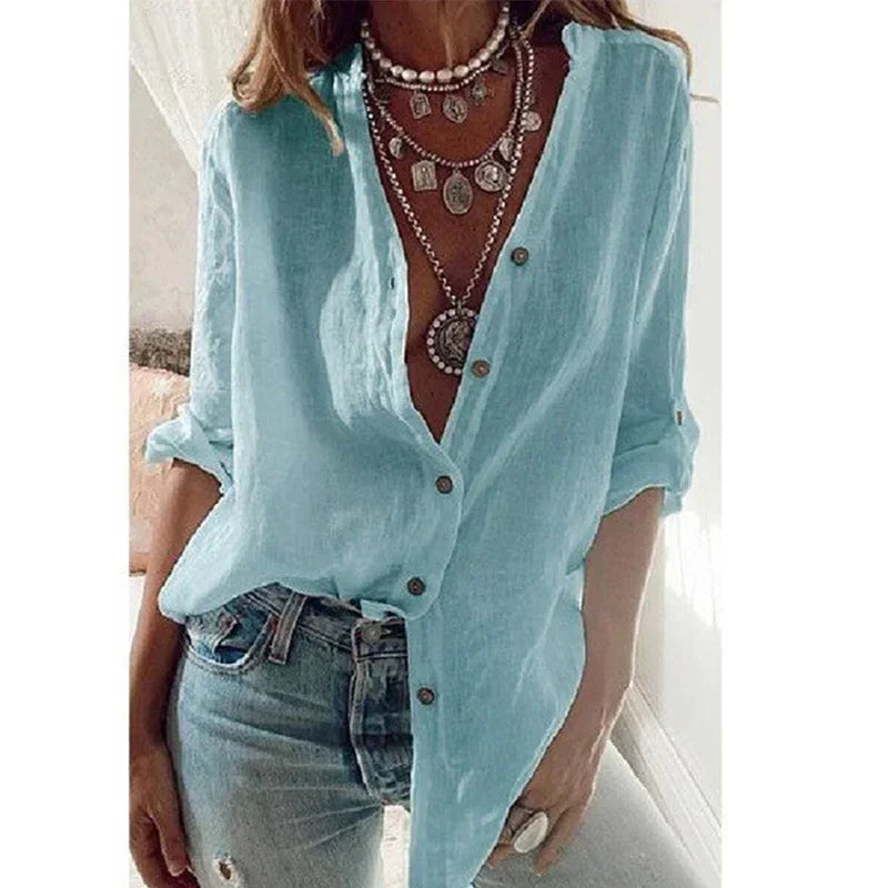 Solstice Cotton-Linen Button-Up V-Neck Blouse