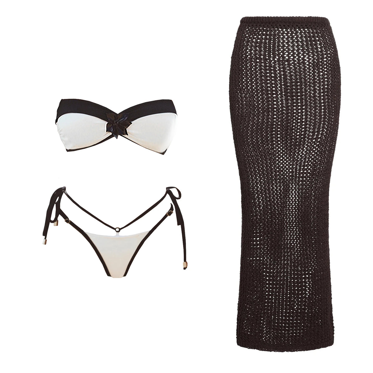 Floral Mesh-Skirt Bandeau Bikini Set