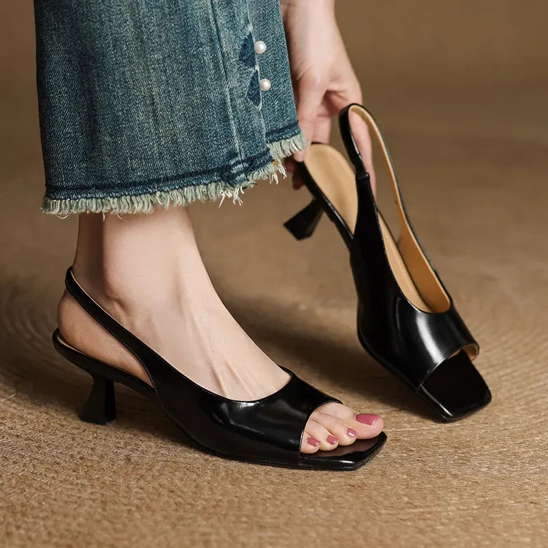 Leather Square-Toe Slingback Heels