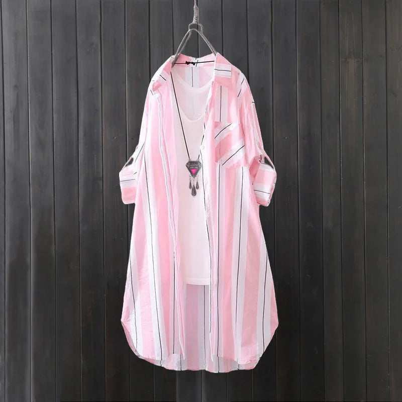 Chiffon sun protection shirt women's long-sleeved fashion top large size loose hip-covering striped long shirt