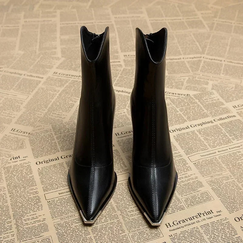 Pointed-Toe Chrome-Tip Ankle Boots