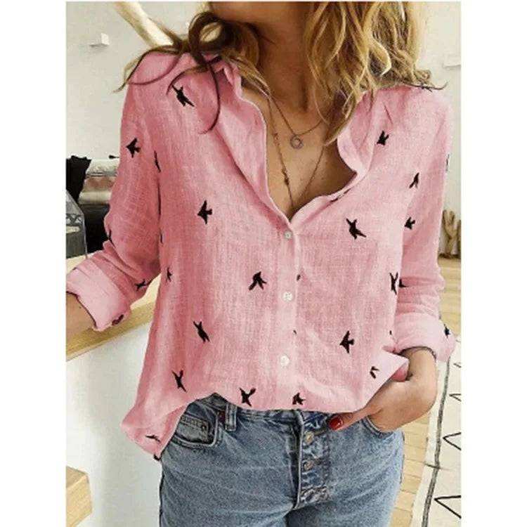 Cotton-Linen Button-Up Long-Sleeve Blouse