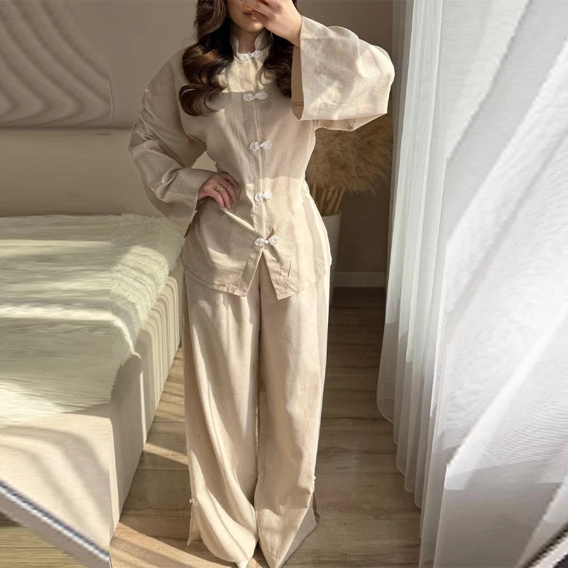 Mandarin Collar Shirt & Wide-Leg Pants Set