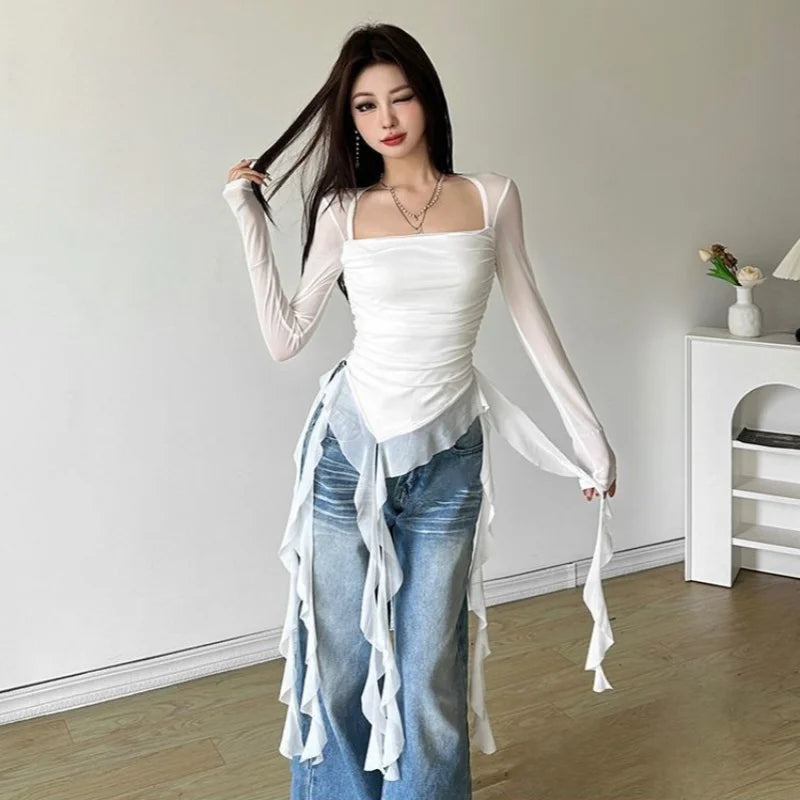 Mesh Ruffle Long-Sleeve Crop T-Shirt