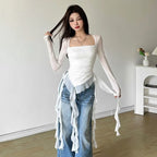 Mesh Ruffle Long-Sleeve Crop T-Shirt