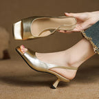 Leather Square-Toe Slingback Heels