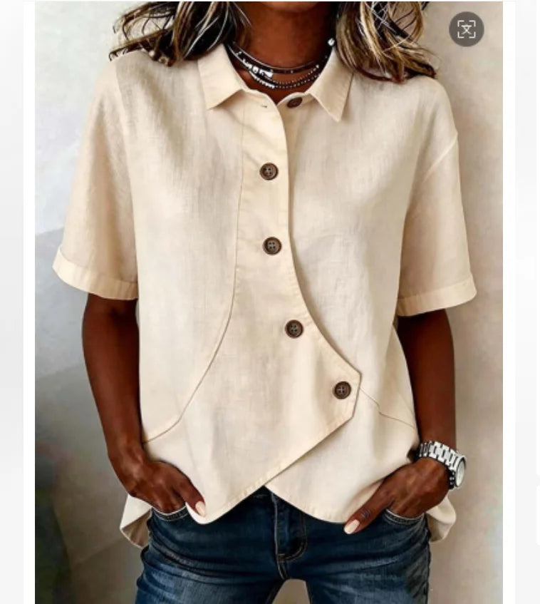Button-Up Short-Sleeve Asymmetric Blouse