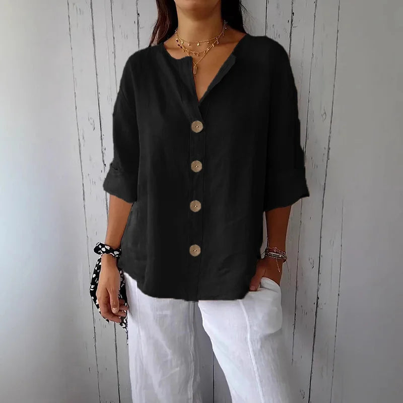 Cotton-Linen Button-Up V-Neck Blouse