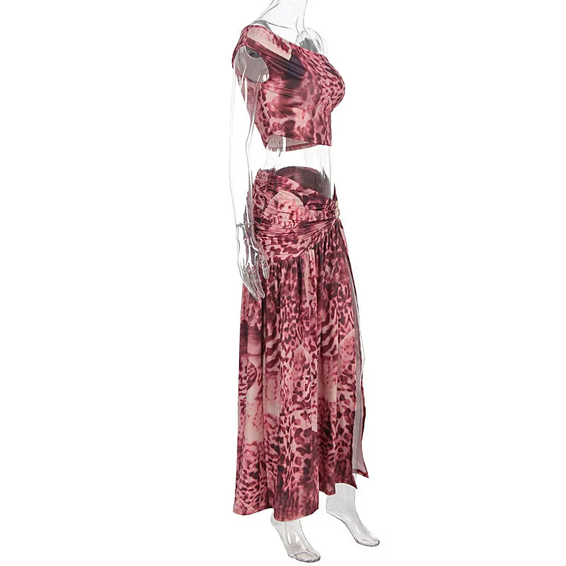 Printed Halter Top & Ruched Midi Skirt Set
