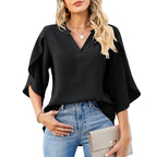 Chiffon V-Neck Flare-Sleeve Blouse