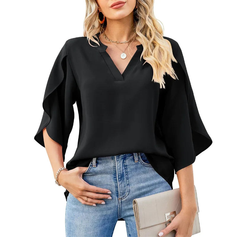 Aurelia Sun Chiffon Flare-Sleeve V-Neck Blouse – Black