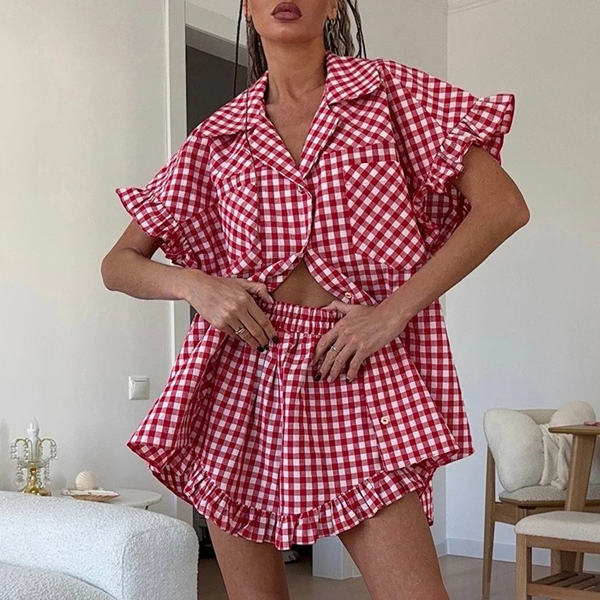 Plaid Shirt & High-Waist Shorts Set