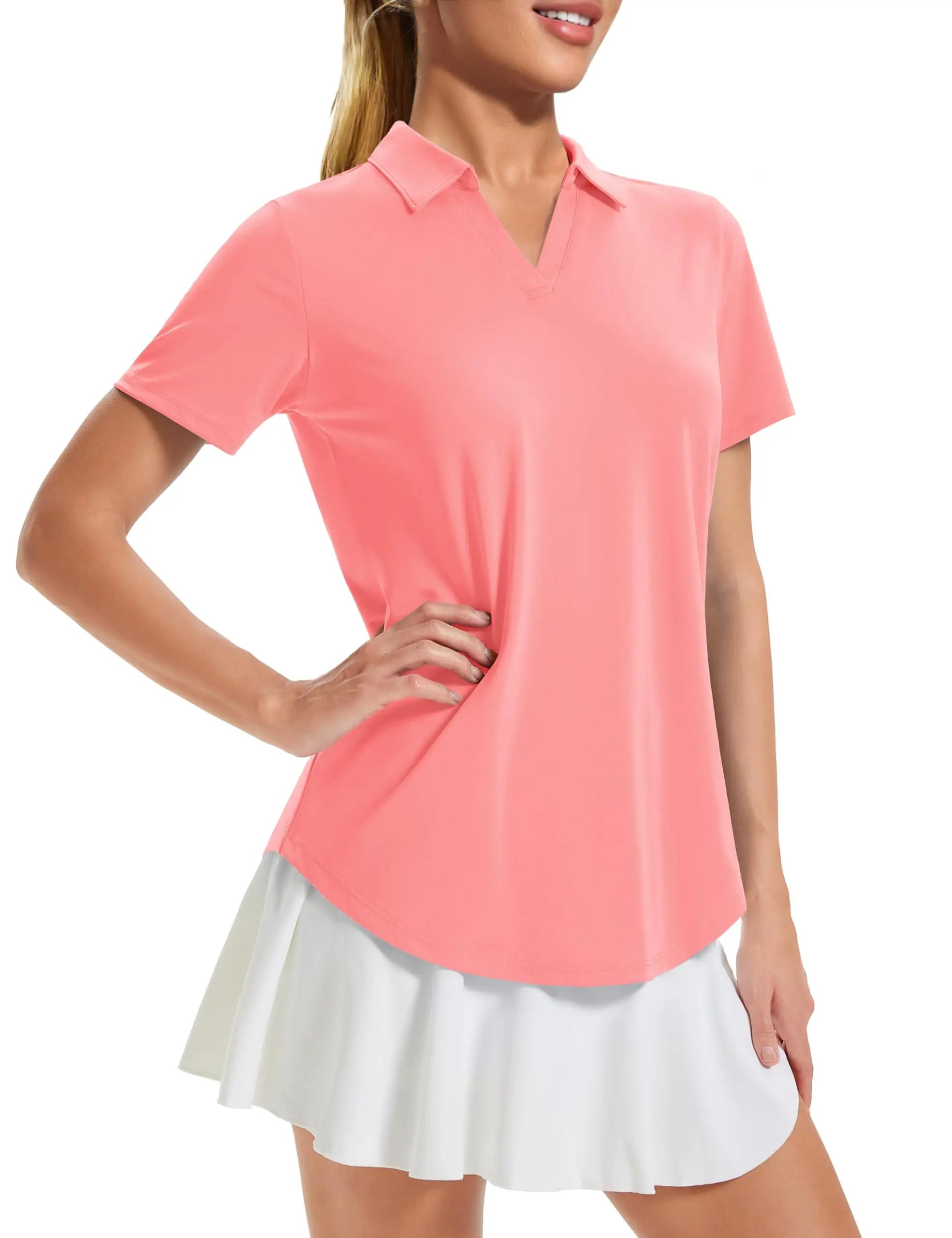 TACVASEN Womens UPF 50+ Sun Protection Golf Polo Shirts Short Sleeve V-Neck Curved Hem Tennis Tops Moisture Wicking Shirts