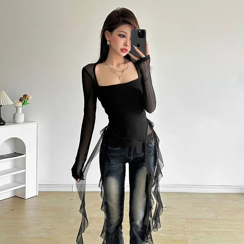Mesh Ruffle Long-Sleeve Crop T-Shirt