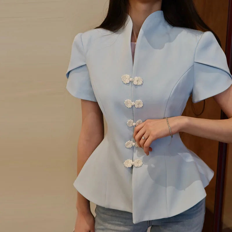 Button-Up Puff-Sleeve Blouse