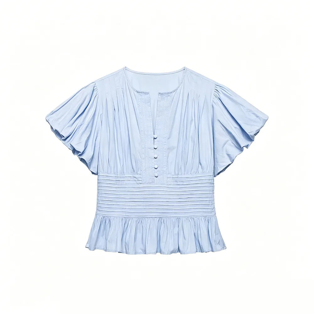 Chiffon Ruffle Puff-Sleeve Blouse