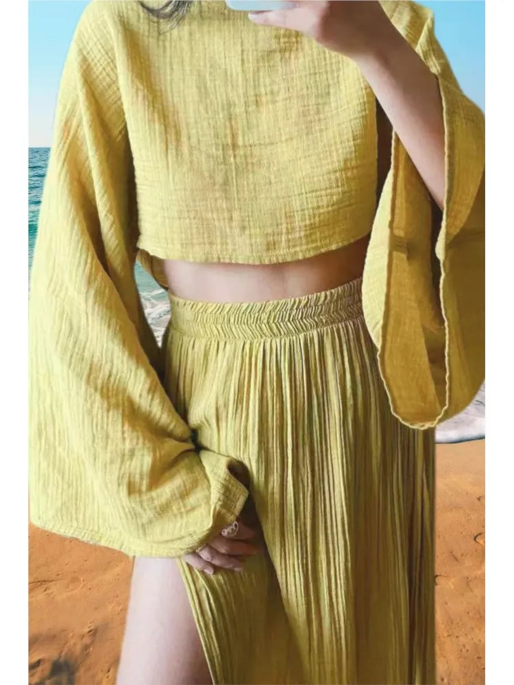 Linen Crop Top & Split Skirt Set