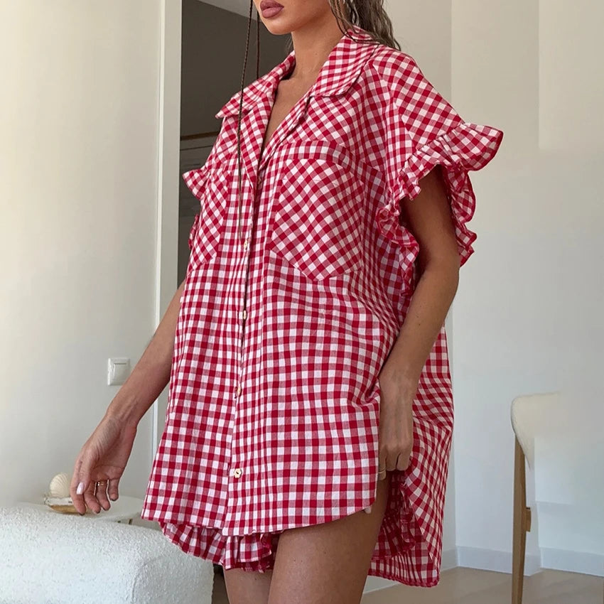 Plaid Shirt & High-Waist Shorts Set