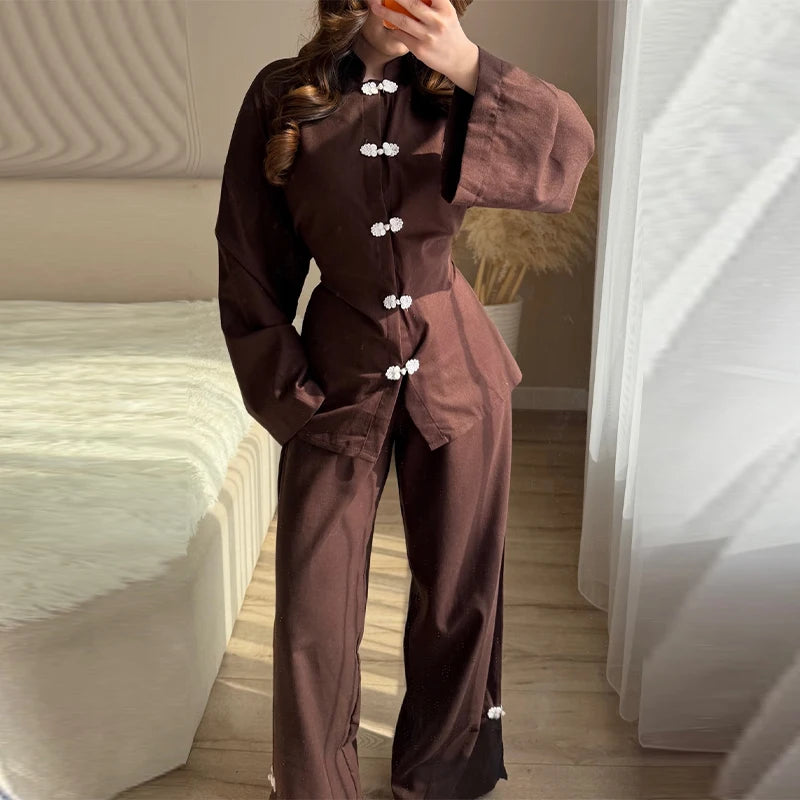 Mandarin Collar Shirt & Wide-Leg Pants Set