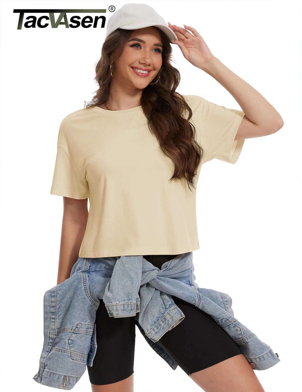 TACVASEN UPF 50+ Cropped Cotton T-Shirts Womens Summer Short Sleeve Casual Crew Neck Tops Breathable Sun UV Block Outdoor Tees