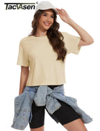 TACVASEN UPF 50+ Cropped Cotton T-Shirts Womens Summer Short Sleeve Casual Crew Neck Tops Breathable Sun UV Block Outdoor Tees