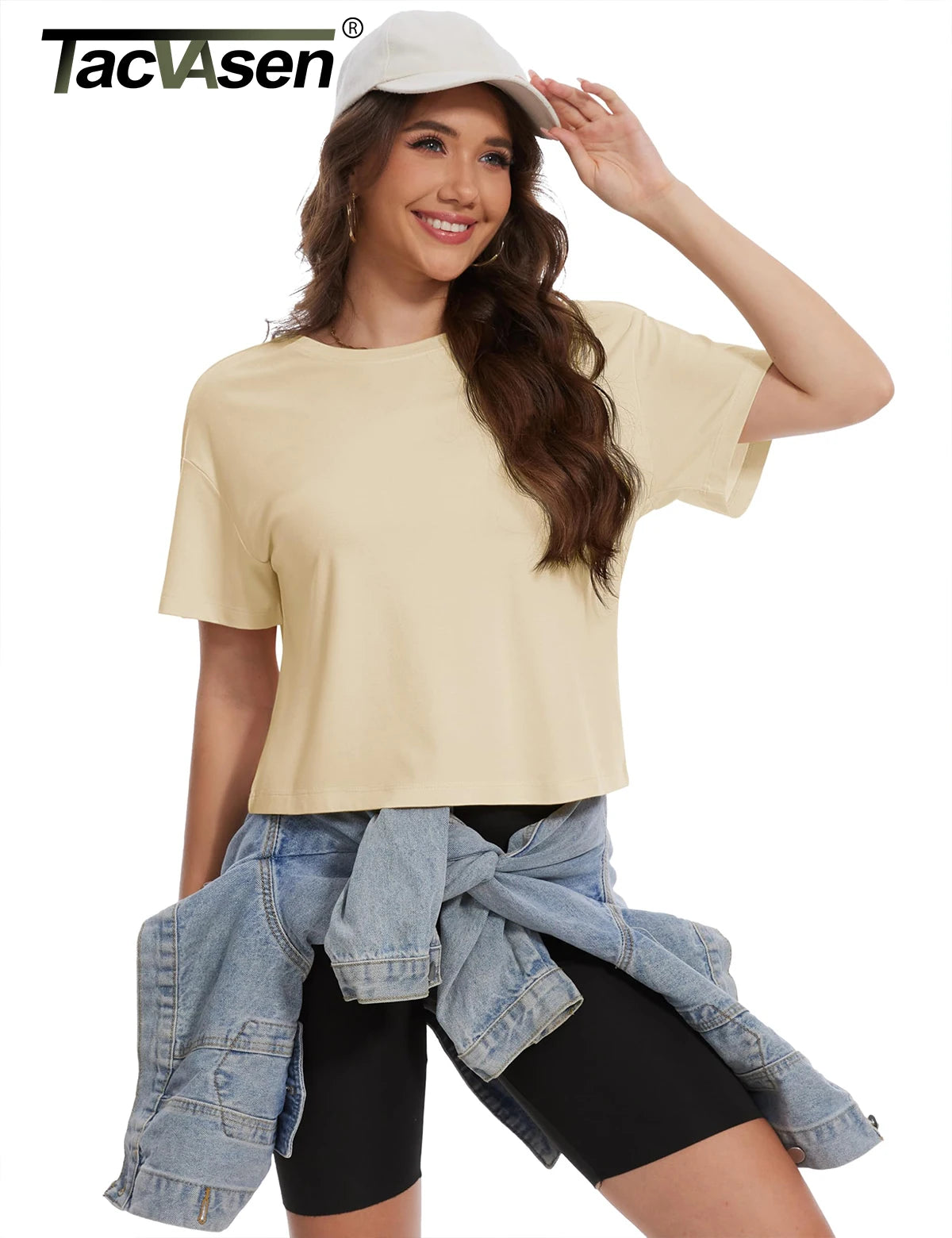 TACVASEN UPF 50+ Cropped Cotton T-Shirts Womens Summer Short Sleeve Casual Crew Neck Tops Breathable Sun UV Block Outdoor Tees
