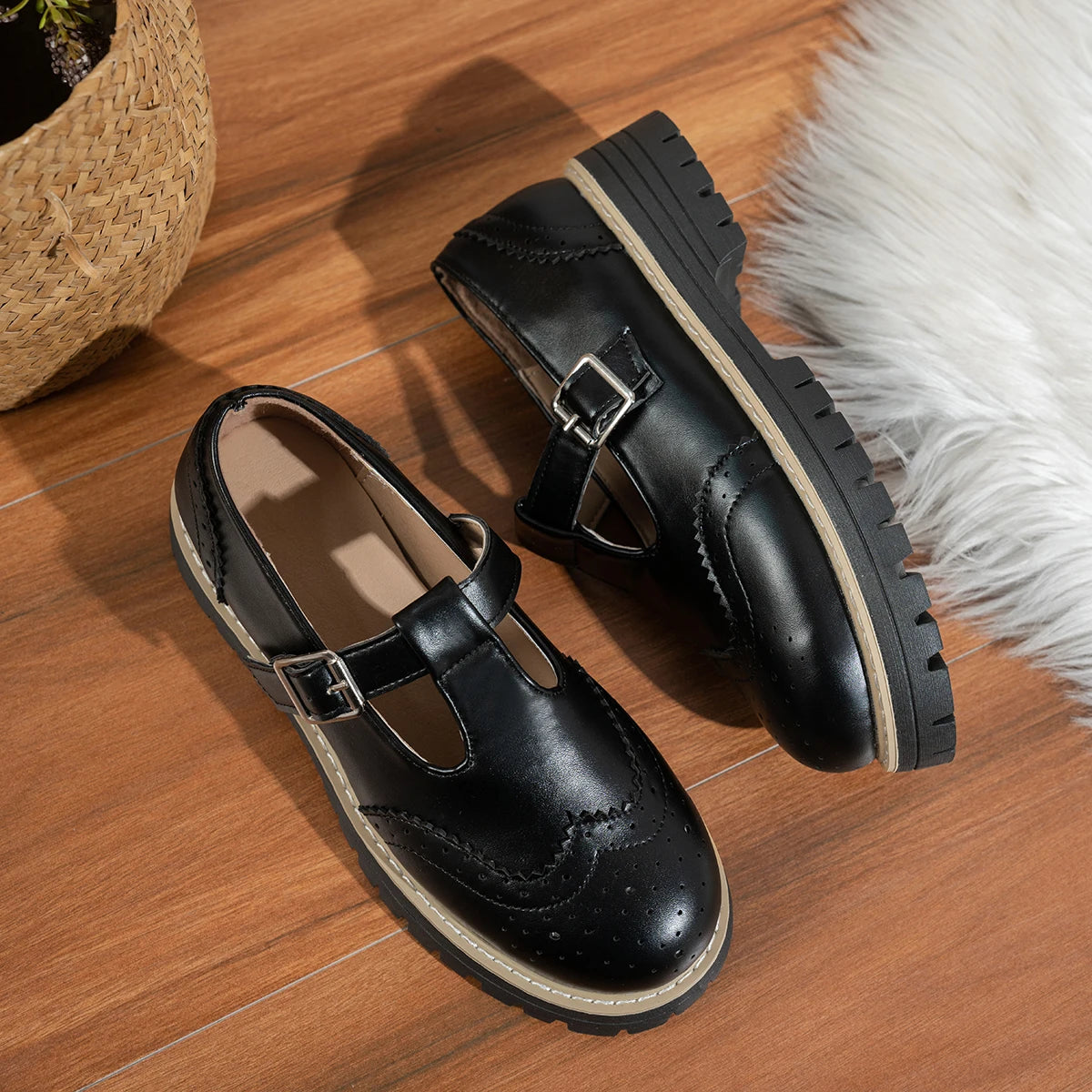 Aurelia Sun T-Bar Brogue Platform Flats – Brown