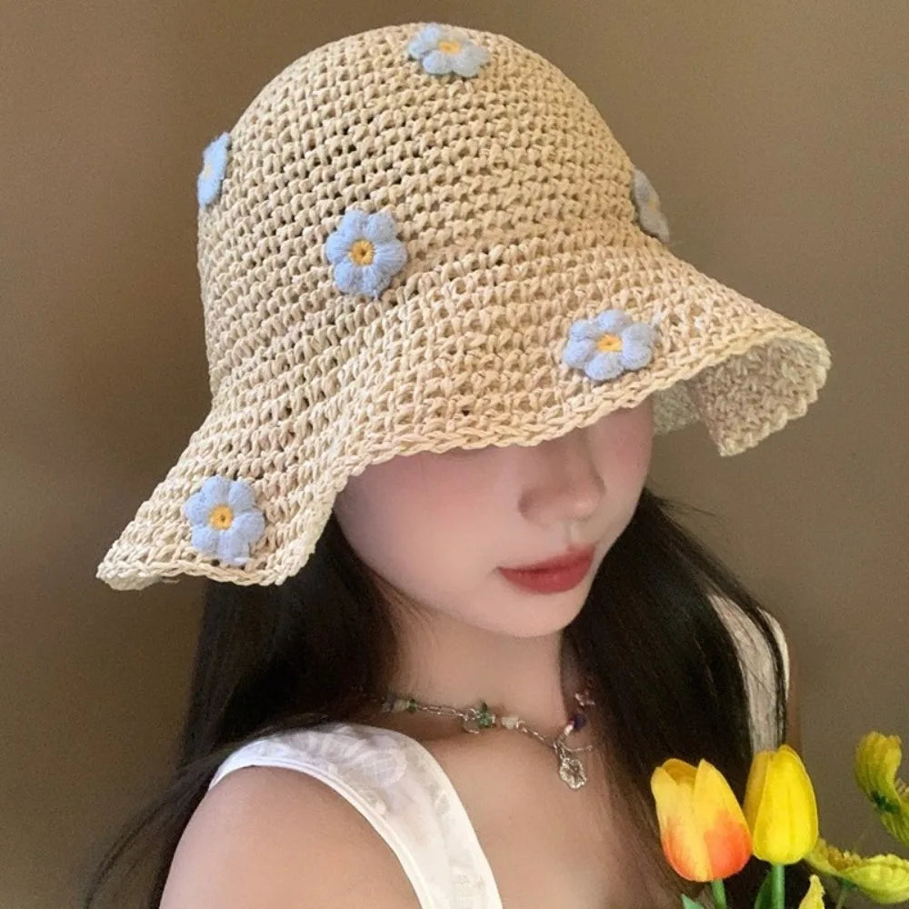 Floral Foldable Straw Bucket Hat