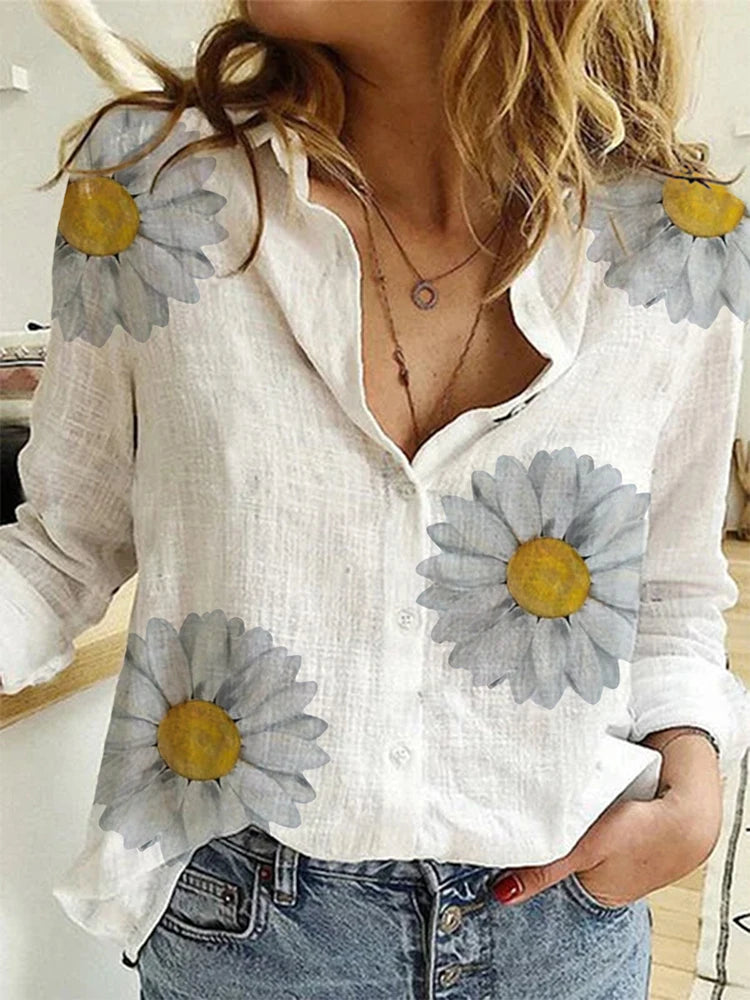 Cotton-Linen Button-Up Long-Sleeve Blouse
