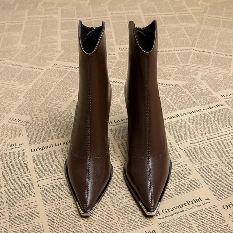 Pointed-Toe Chrome-Tip Ankle Boots