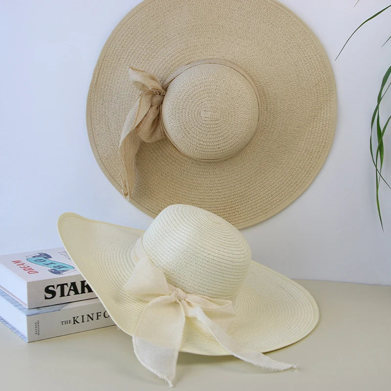 Bow-Trim Floppy Straw Sun Hat