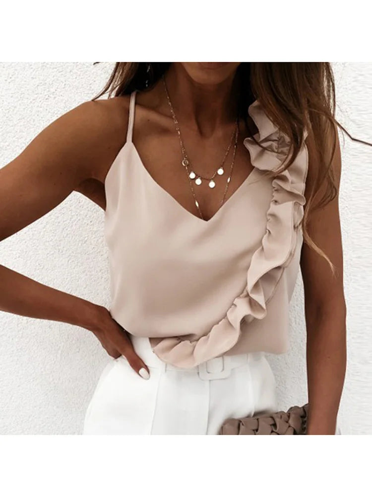 Ruffle V-Neck Backless Sleeveless Blouse