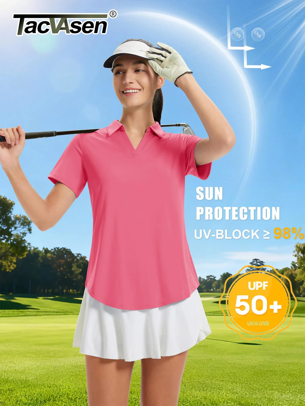 TACVASEN Womens UPF 50+ Sun Protection Golf Polo Shirts Short Sleeve V-Neck Curved Hem Tennis Tops Moisture Wicking Shirts