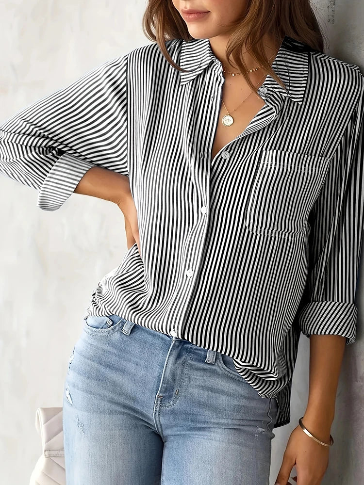 Striped Long-Sleeve Relaxed Blouse