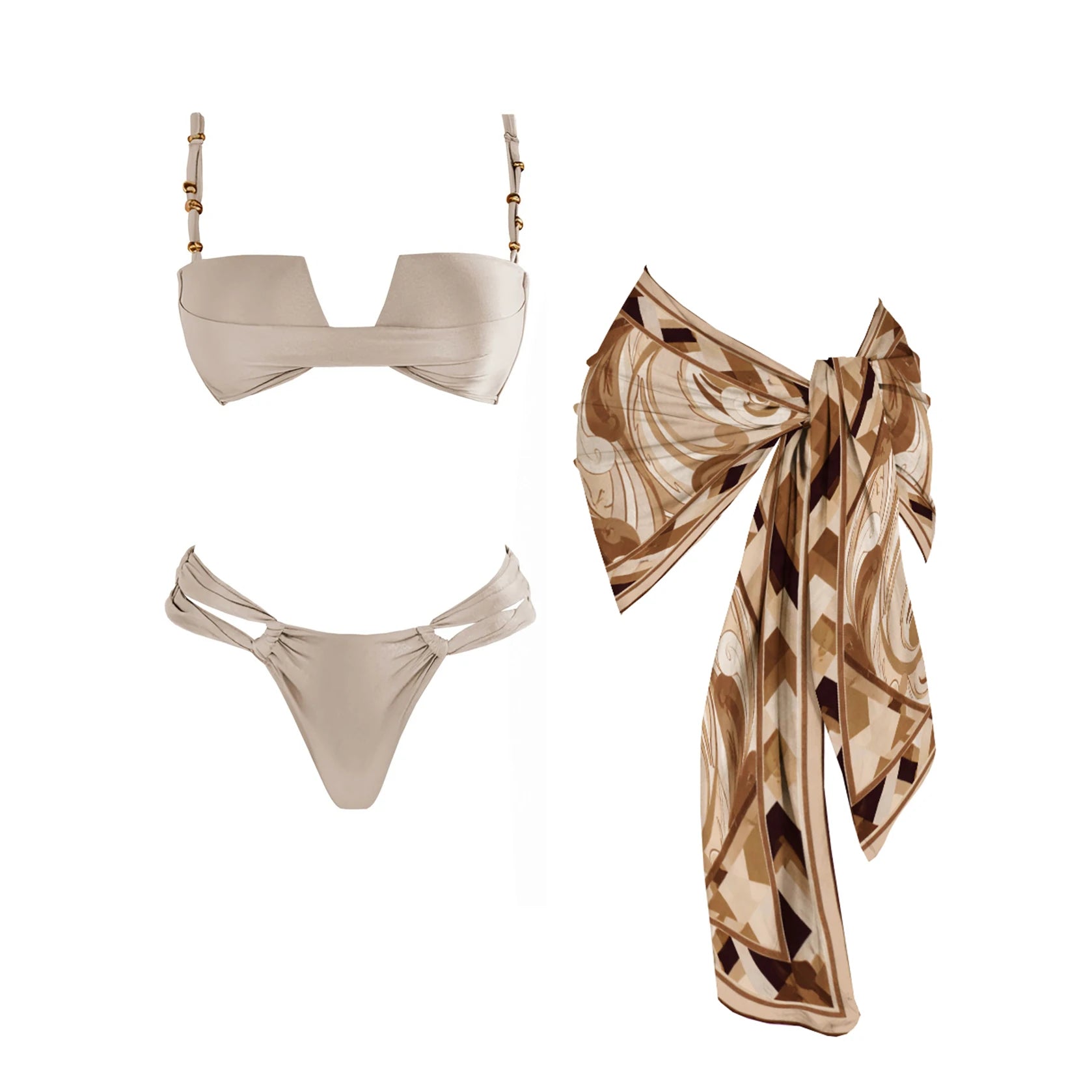 Strappy Three-Piece Bandeau Bikini Set
