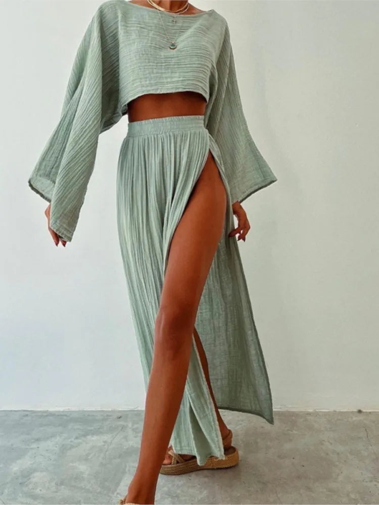 Linen Crop Top & Split Skirt Set