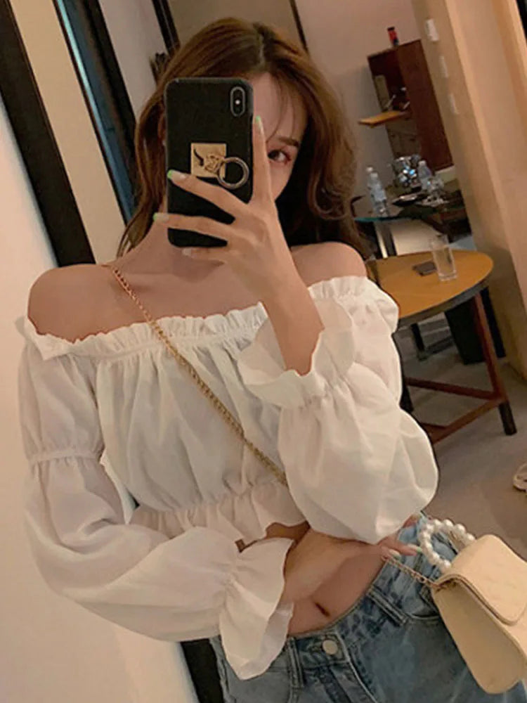 Ruffle Off-Shoulder Puff-Sleeve Crop Top