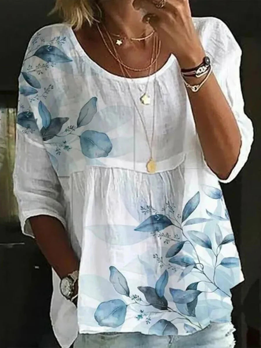 Aurelia Sun Printed Relaxed Round-Neck Blouse – Blue