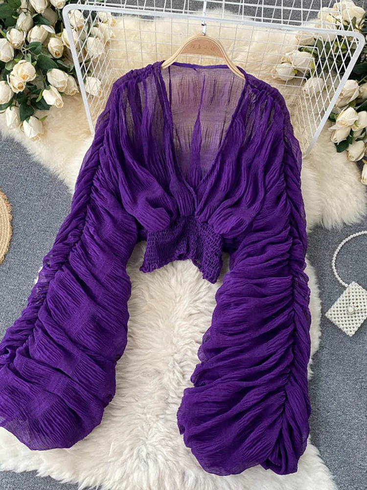 Chiffon Draped V-Neck Cropped Blouse