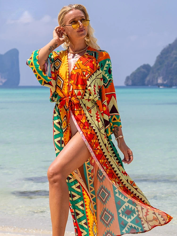 Printed Belted Kimono Cover-Up