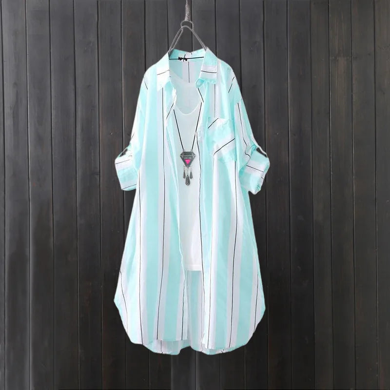 Chiffon sun protection shirt women's long-sleeved fashion top large size loose hip-covering striped long shirt