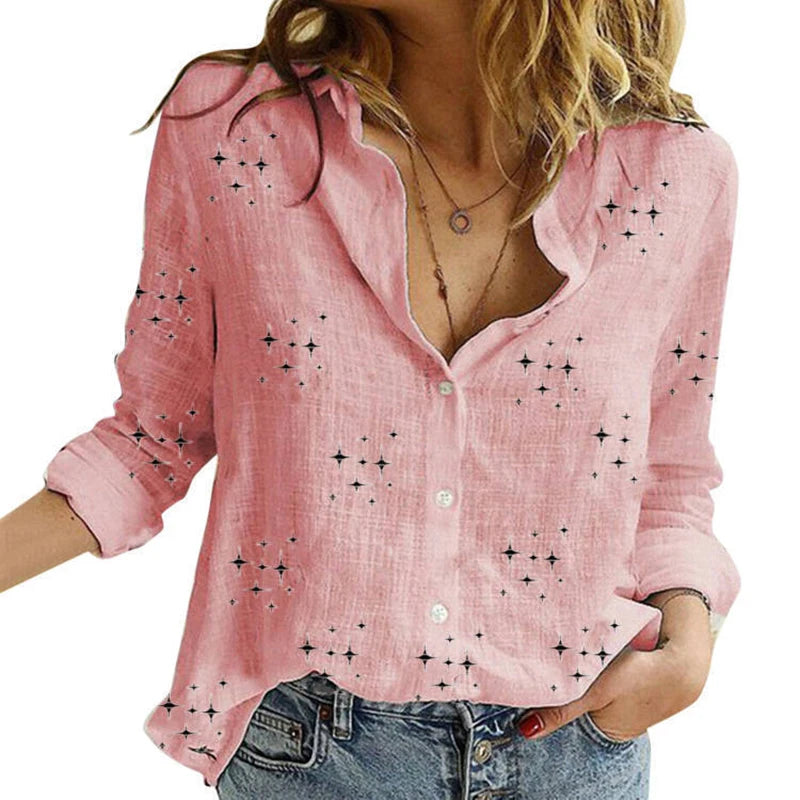 Cotton-Linen Button-Up Long-Sleeve Blouse