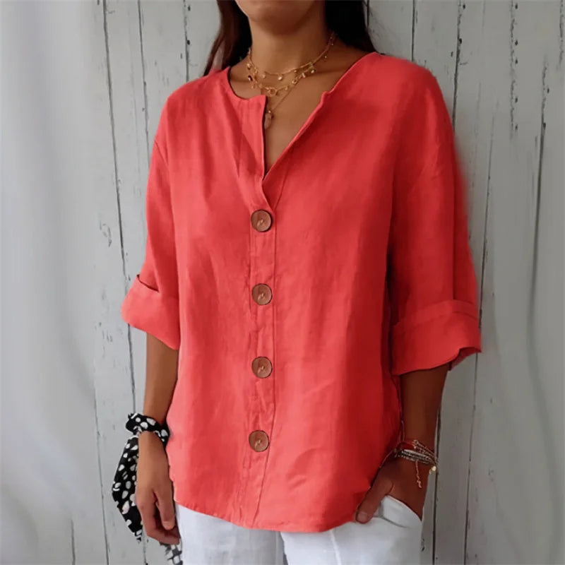 Cotton-Linen Button-Up V-Neck Blouse