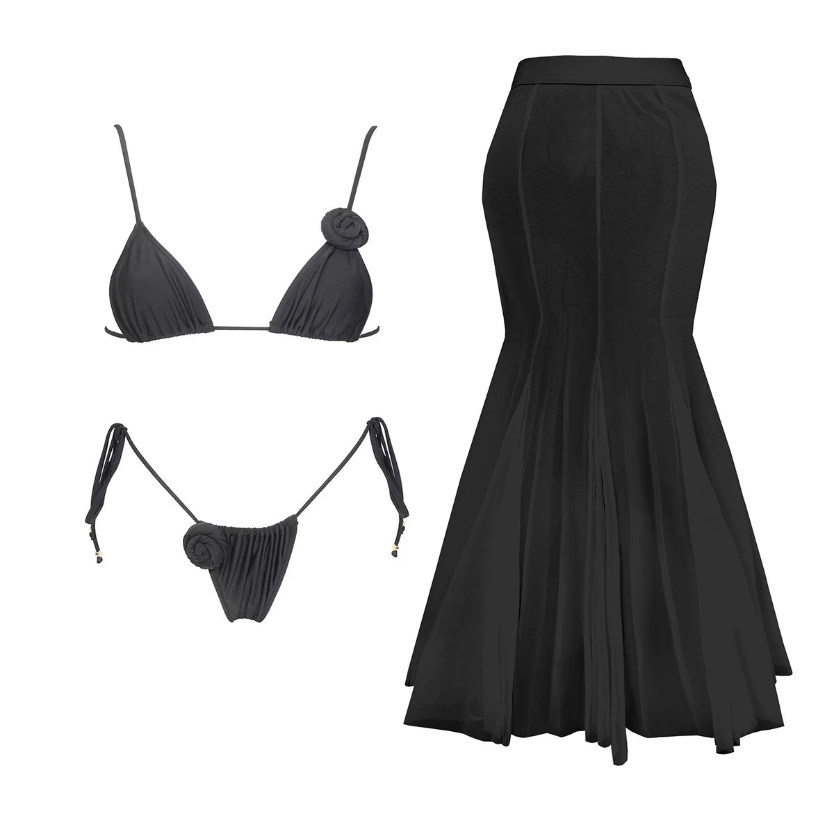 Floral Mesh-Skirt Bandeau Bikini Set